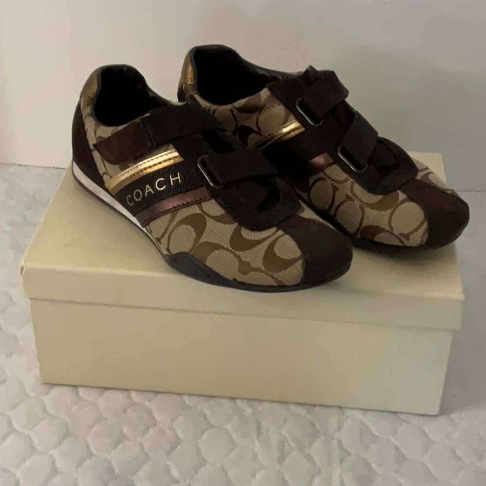 Coach Womens Jenny Brown and Gold Sneakers.